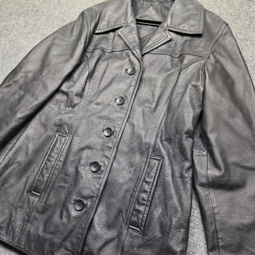 Jacqueline Ferrar Black Genuine Leather Jacket Button Front Coat Small Nappa